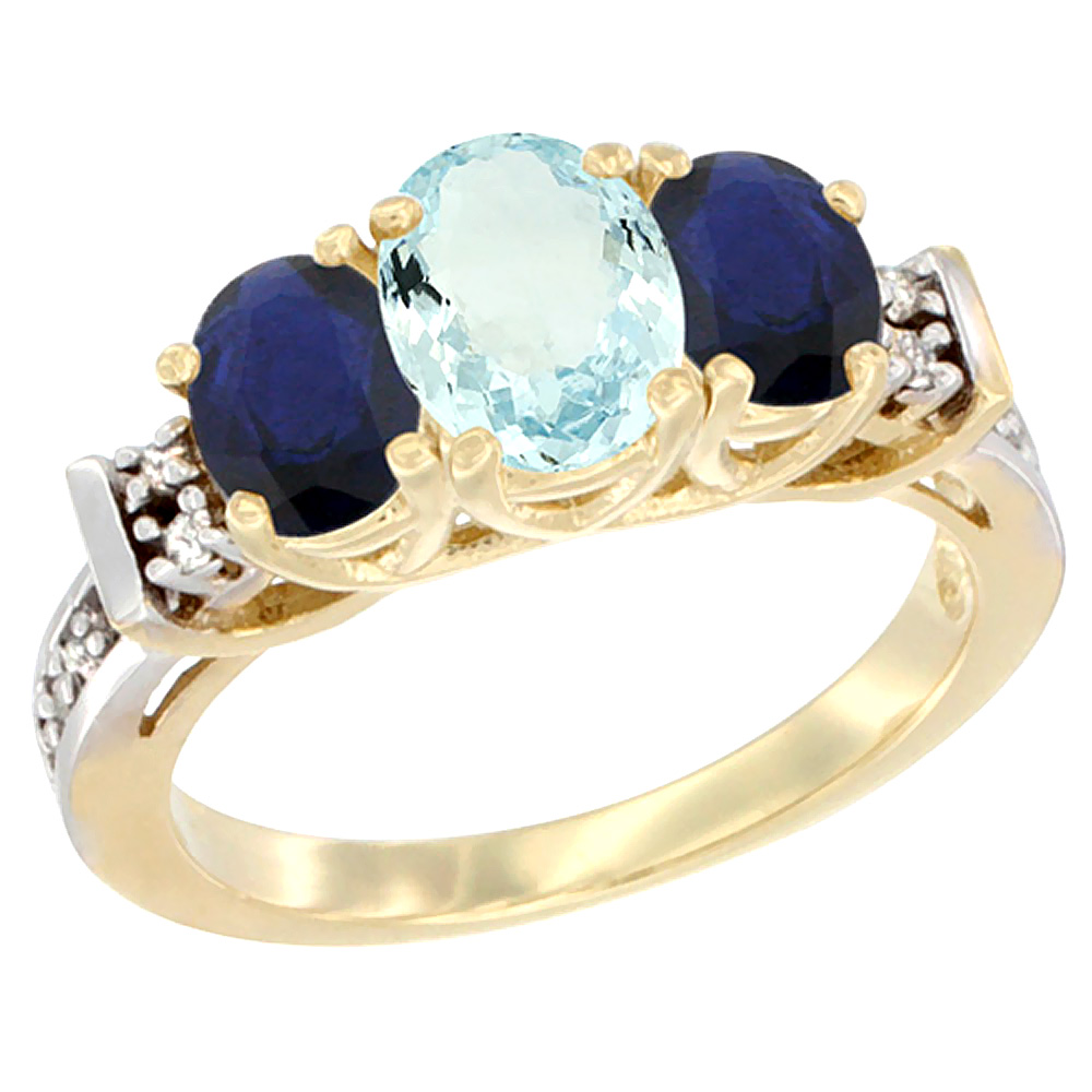 14K Yellow Gold Natural Aquamarine &amp; Blue Sapphire Ring Oval 3-Stone Diamond Accent