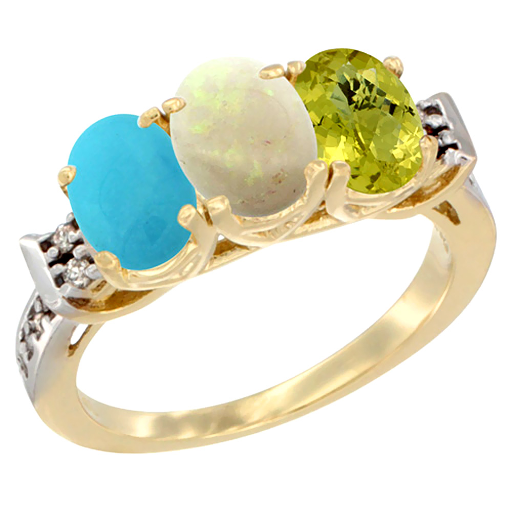 14K Yellow Gold Natural Blue Sapphire, Opal &amp; Lemon Quartz Ring 3-Stone Oval 7x5 mm Diamond Accent, sizes 5 - 10