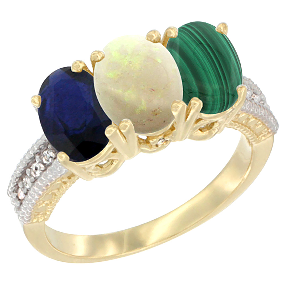 14K Yellow Gold Natural Blue Sapphire, Opal & Malachite Ring 3-Stone 7x5 mm Oval Diamond Accent, sizes 5 - 10