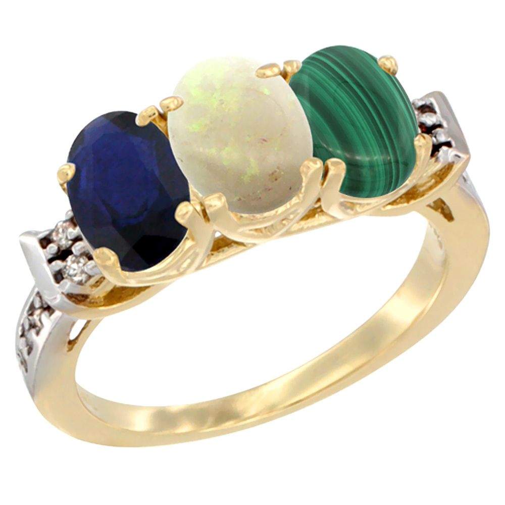 14K Yellow Gold Natural Blue Sapphire, Opal & Malachite Ring 3-Stone Oval 7x5 mm Diamond Accent, sizes 5 - 10