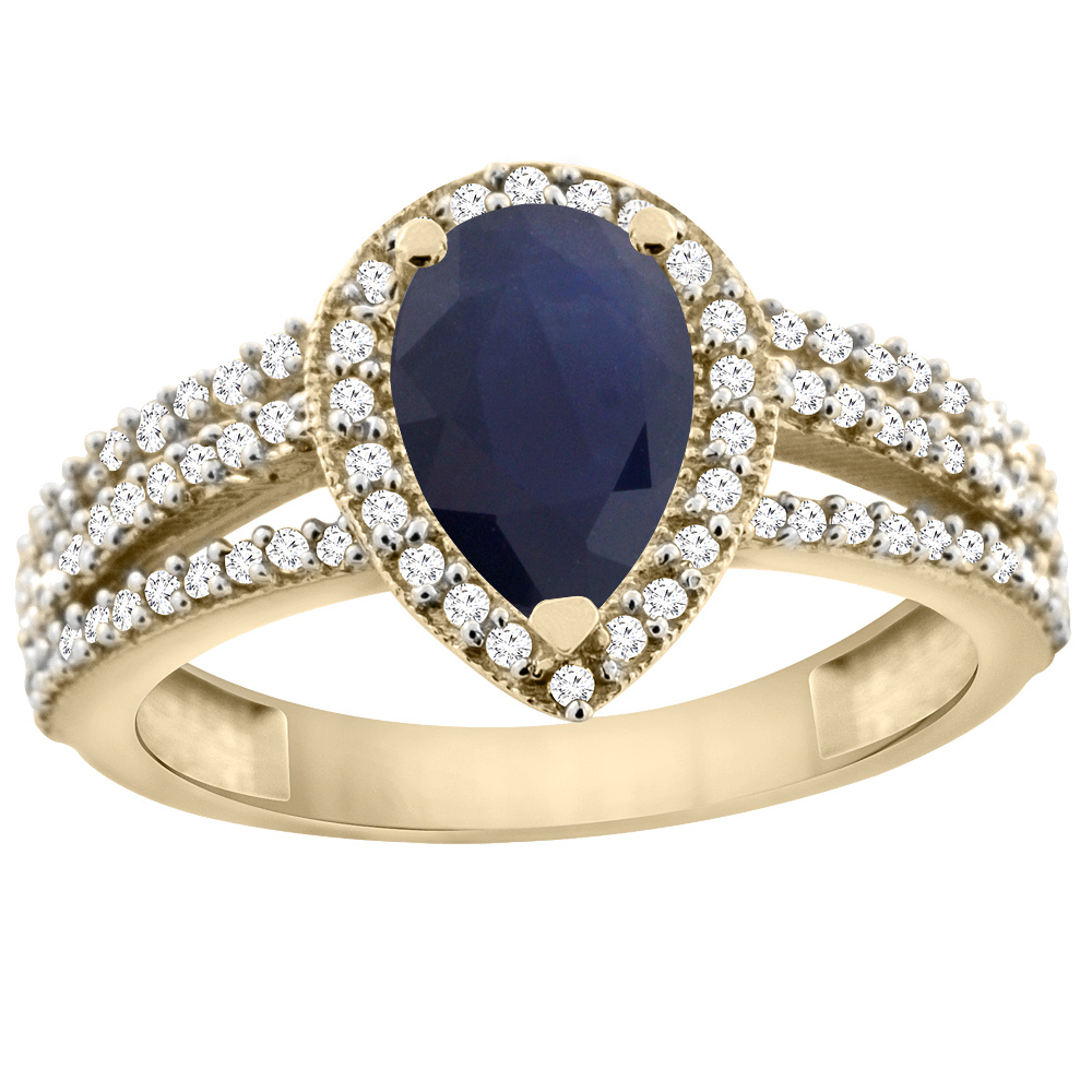 10K Yellow Gold Natural Diffused Ceylon Sapphire Ring 9x7 Pear Halo Diamond, sizes 5 - 10