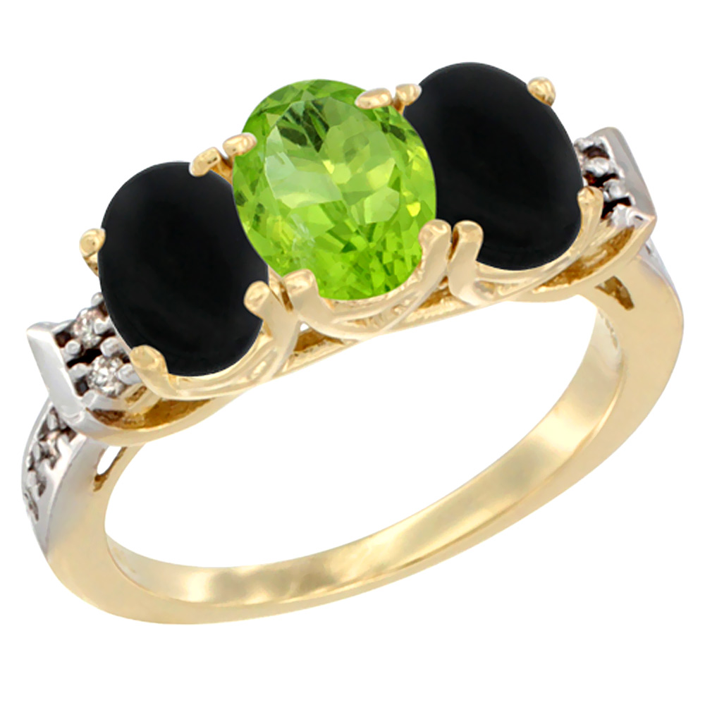 14K Yellow Gold Natural Peridot & Black Onyx Sides Ring 3-Stone Oval 7x5 mm Diamond Accent, sizes 5 - 10