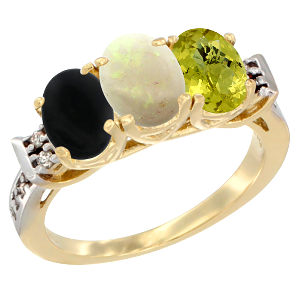 14K Yellow Gold Natural Black Onyx, Opal &amp; Lemon Quartz Ring 3-Stone Oval 7x5 mm Diamond Accent, sizes 5 - 10