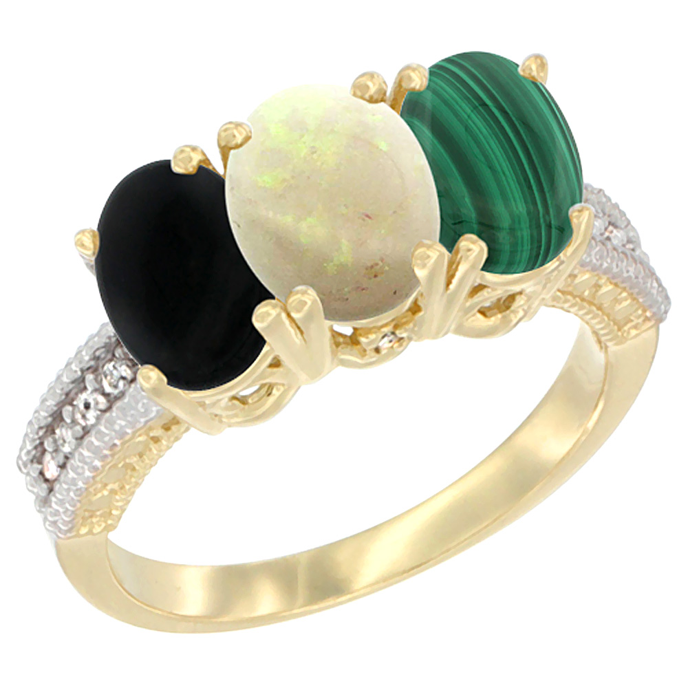 14K Yellow Gold Natural Black Onyx, Opal & Malachite Ring 3-Stone 7x5 mm Oval Diamond Accent, sizes 5 - 10