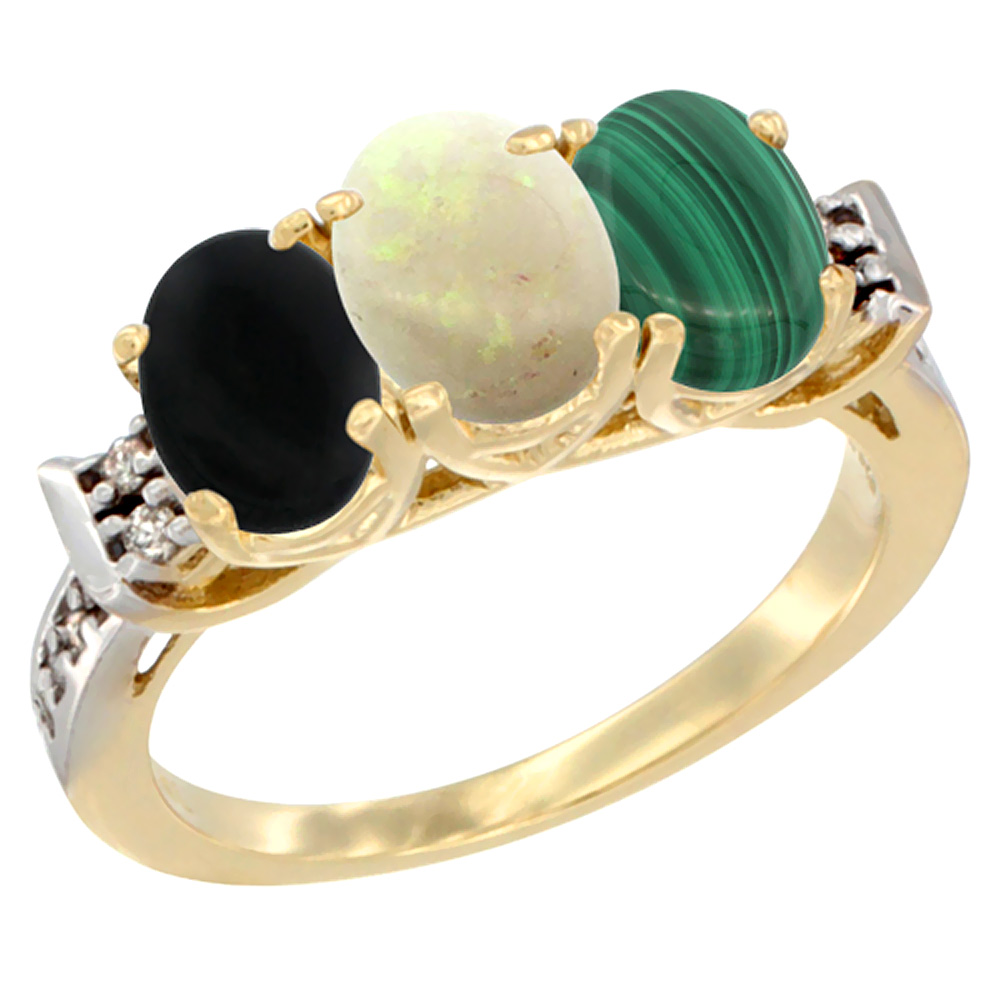 14K Yellow Gold Natural Black Onyx, Opal &amp; Malachite Ring 3-Stone Oval 7x5 mm Diamond Accent, sizes 5 - 10