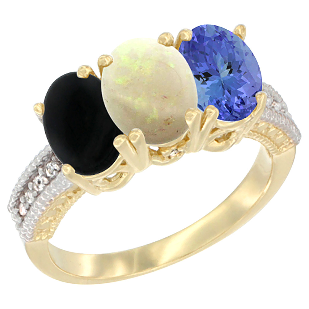 14K Yellow Gold Natural Black Onyx, Opal &amp; Tanzanite Ring 3-Stone 7x5 mm Oval Diamond Accent, sizes 5 - 10