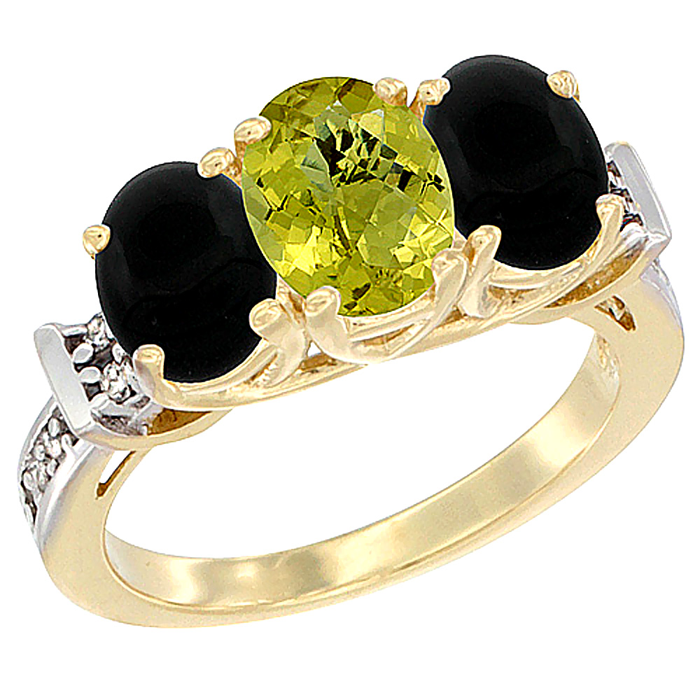 14K Yellow Gold Natural Lemon Quartz &amp; Black Onyx Sides Ring 3-Stone Oval Diamond Accent, sizes 5 - 10