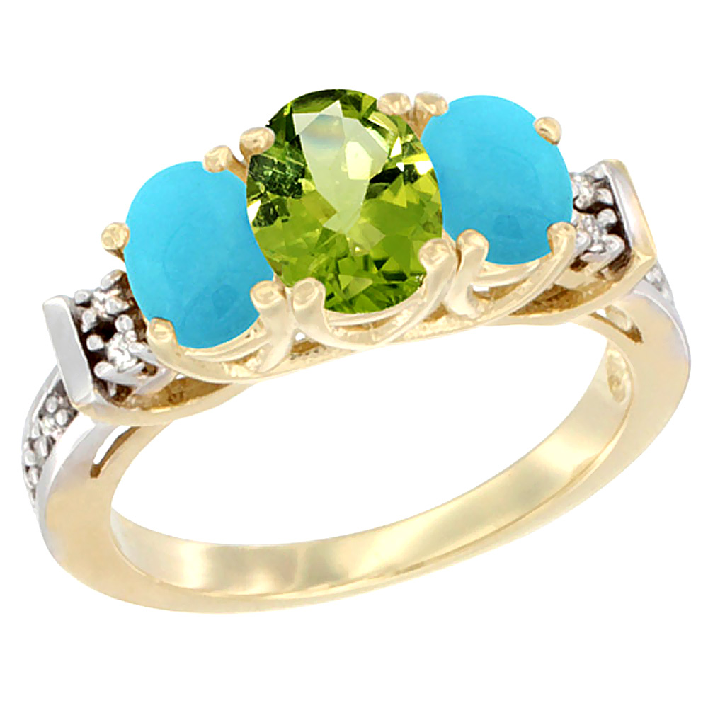 14K Yellow Gold Natural Peridot &amp; Turquoise Ring 3-Stone Oval Diamond Accent