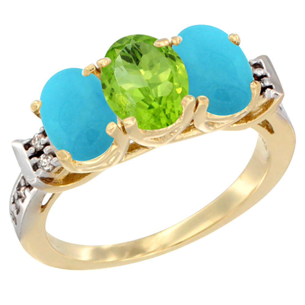 14K Yellow Gold Natural Peridot &amp; Turquoise Sides Ring 3-Stone Oval 7x5 mm Diamond Accent, sizes 5 - 10