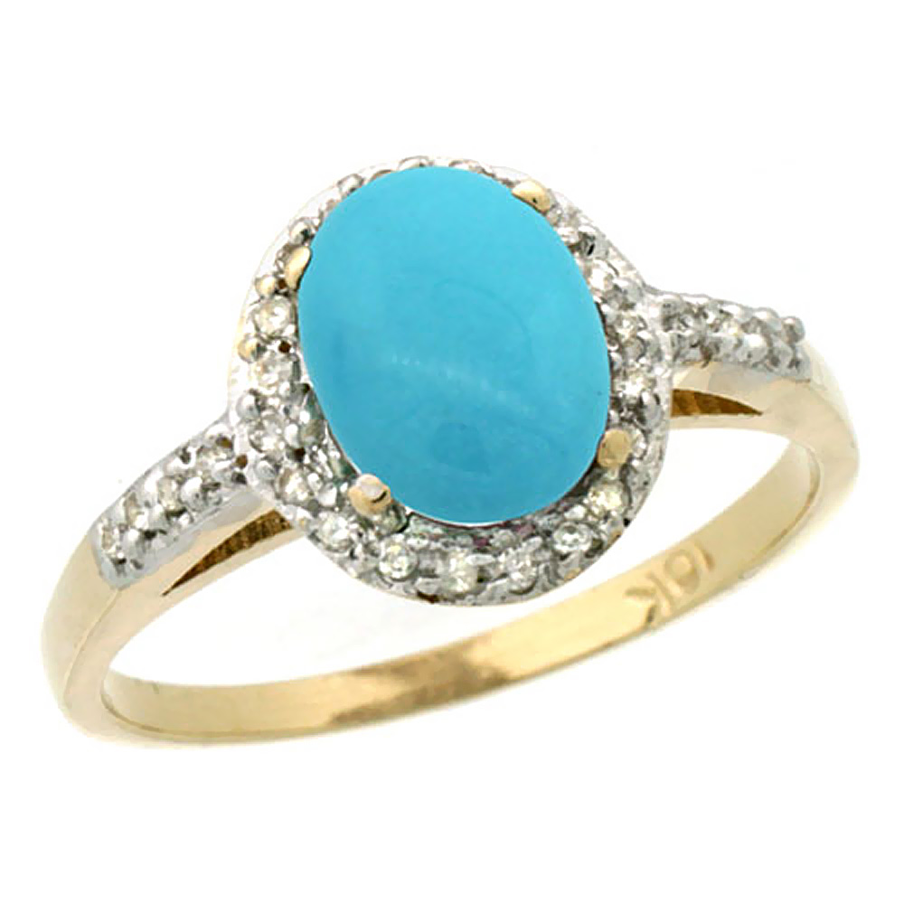 10K Yellow Gold Natural Diamond Sleeping Beauty Turquoise Ring Oval 8x6mm, sizes 5-10