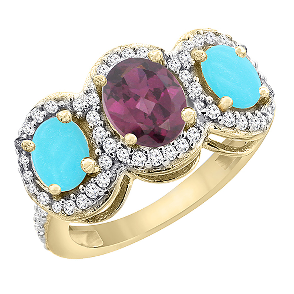 10K Yellow Gold Natural Rhodolite & Turquoise 3-Stone Ring Oval Diamond Accent, sizes 5 - 10