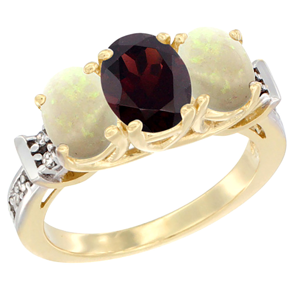 14K Yellow Gold Natural Garnet &amp; Opal Sides Ring 3-Stone Oval Diamond Accent, sizes 5 - 10