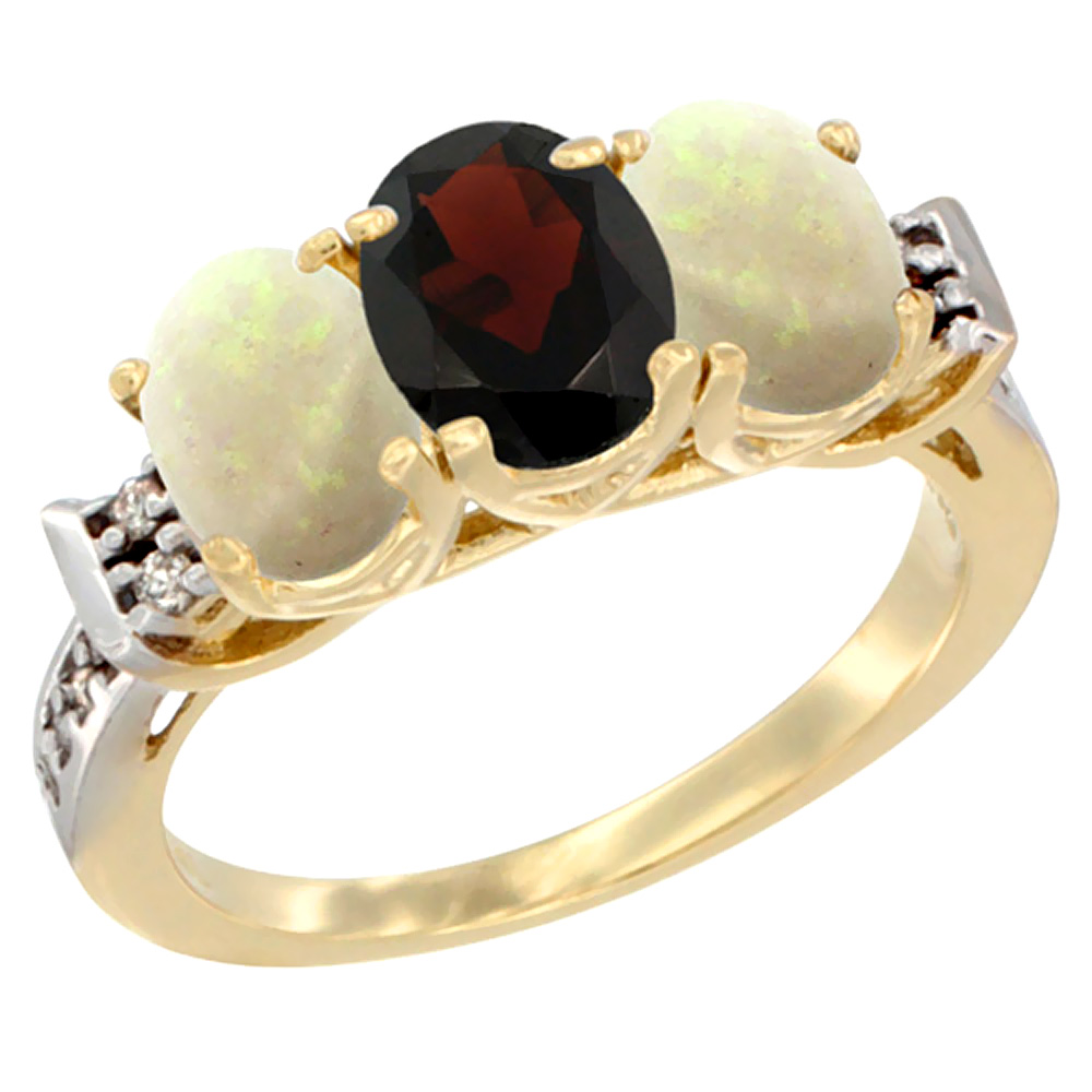 14K Yellow Gold Natural Garnet &amp; Opal Sides Ring 3-Stone Oval 7x5 mm Diamond Accent, sizes 5 - 10