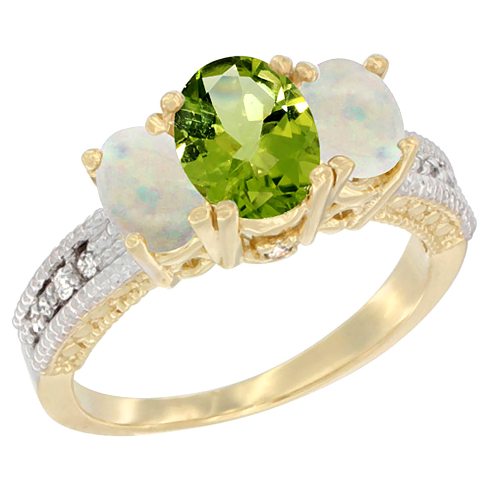 14K Yellow Gold Diamond Natural Peridot Ring Oval 3-stone with Opal, sizes 5 - 10