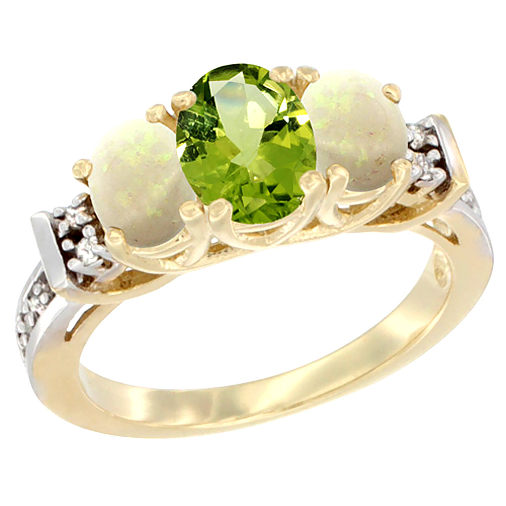 14K Yellow Gold Natural Peridot & Opal Ring 3-Stone Oval Diamond Accent