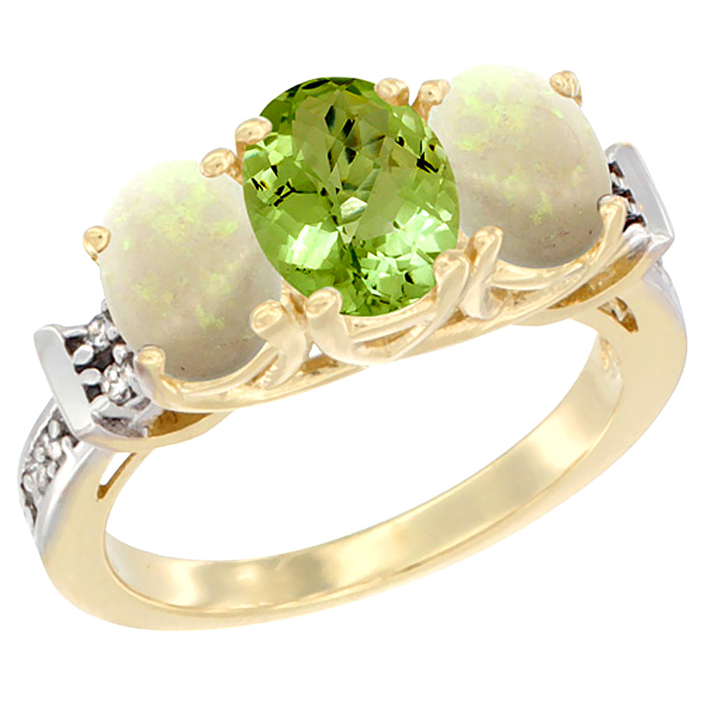 14K Yellow Gold Natural Peridot & Opal Sides Ring 3-Stone Oval Diamond Accent, sizes 5 - 10