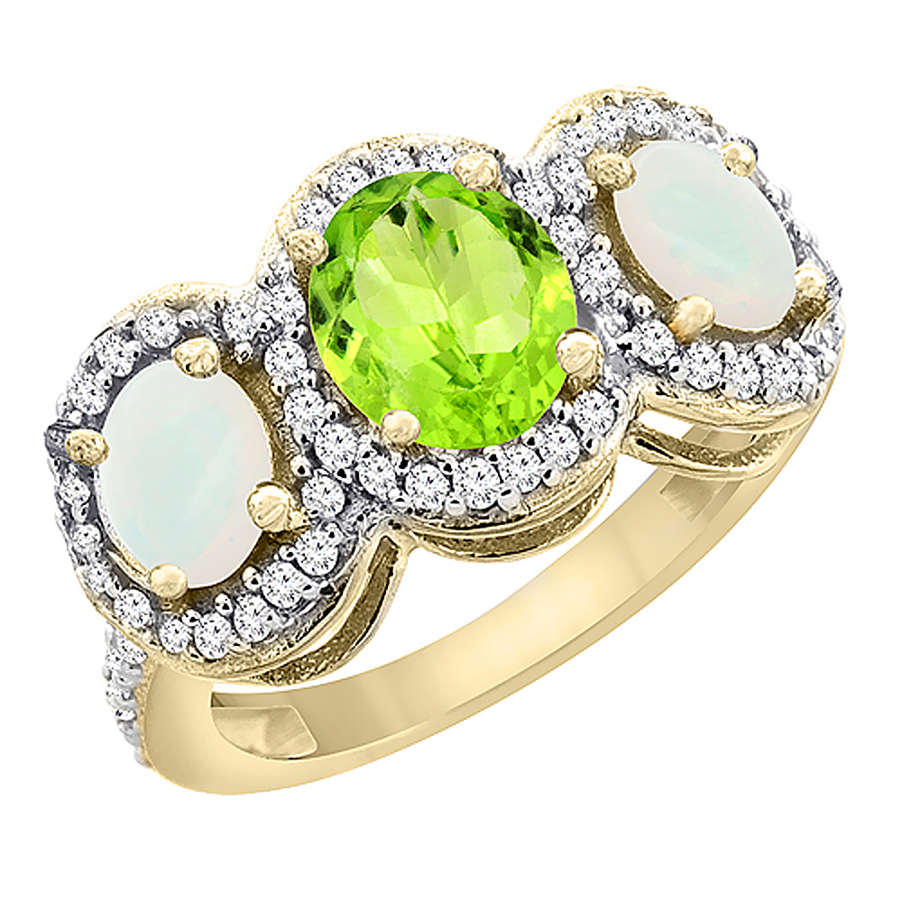 14K Yellow Gold Natural Peridot & Opal 3-Stone Ring Oval Diamond Accent, sizes 5 - 10