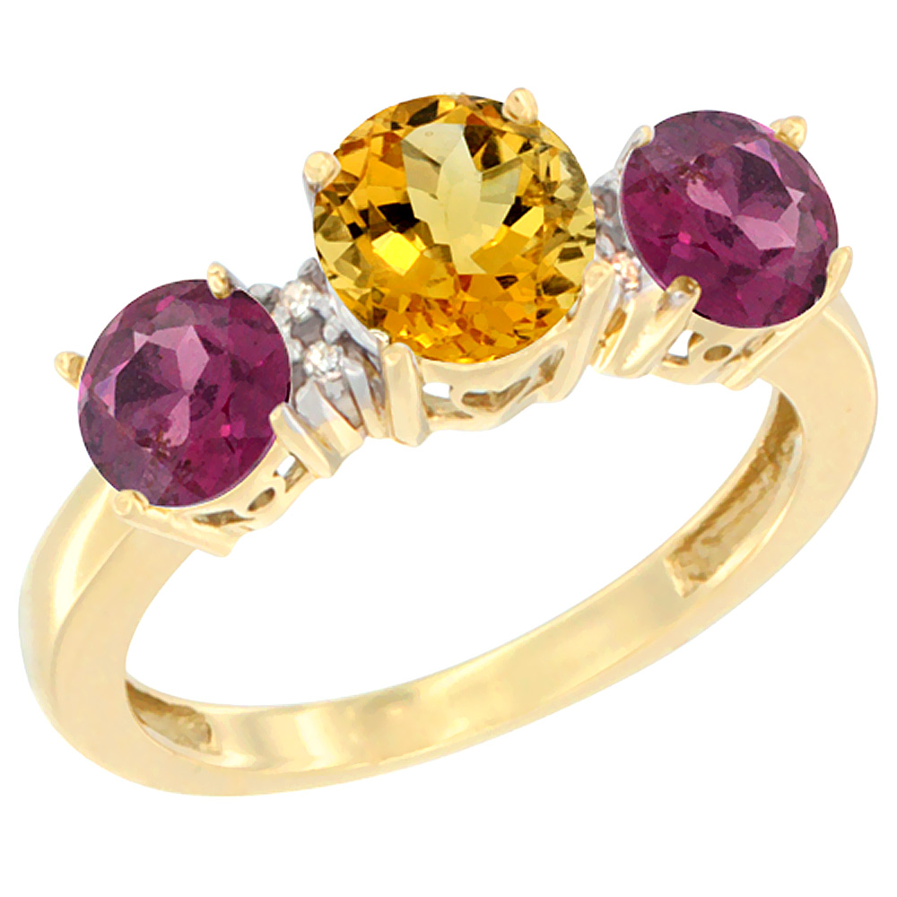 14K Yellow Gold Round 3-Stone Natural Citrine Ring & Rhodolite Sides Diamond Accent, sizes 5 - 10