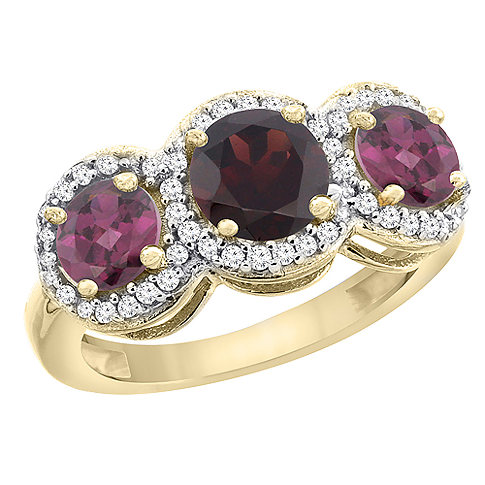 14K Yellow Gold Natural Garnet & Rhodolite Sides Round 3-stone Ring Diamond Accents, sizes 5 - 10