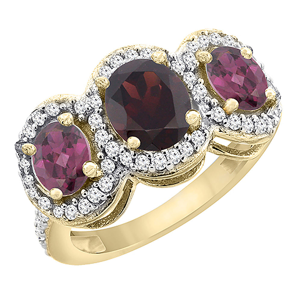 14K Yellow Gold Natural Garnet &amp; Rhodolite 3-Stone Ring Oval Diamond Accent, sizes 5 - 10