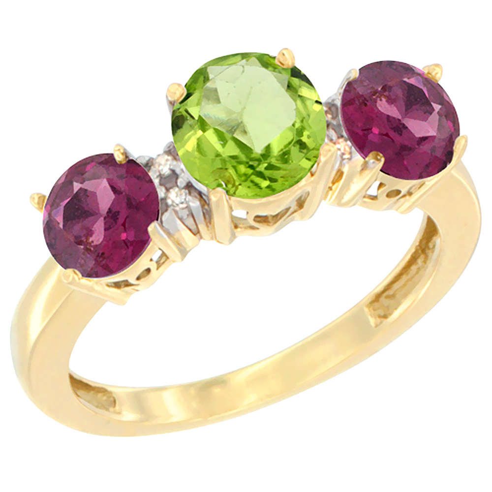 14K Yellow Gold Round 3-Stone Natural Peridot Ring &amp; Rhodolite Sides Diamond Accent, sizes 5 - 10