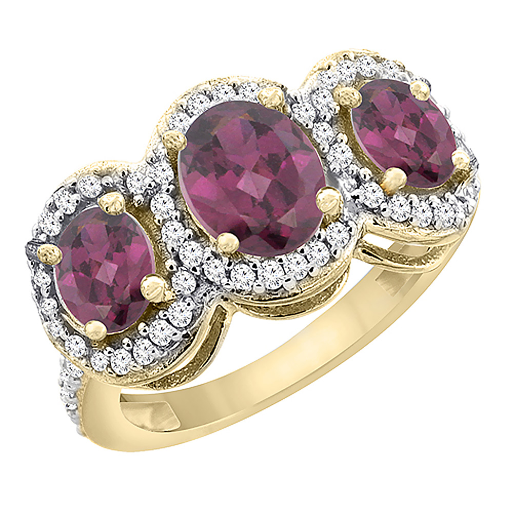 10K Yellow Gold Natural Rhodolite 3-Stone Ring Oval Diamond Accent, sizes 5 - 10