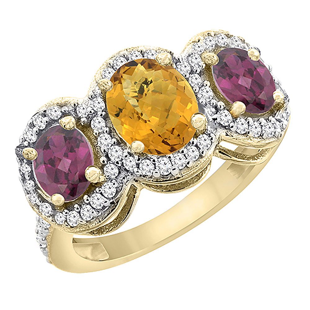 14K Yellow Gold Natural Whisky Quartz &amp; Rhodolite 3-Stone Ring Oval Diamond Accent, sizes 5 - 10