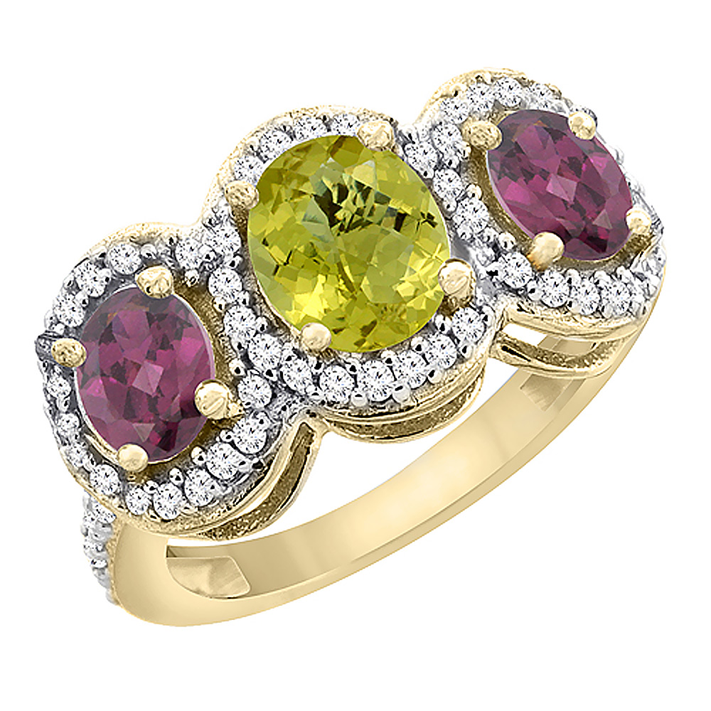 14K Yellow Gold Natural Lemon Quartz &amp; Rhodolite 3-Stone Ring Oval Diamond Accent, sizes 5 - 10