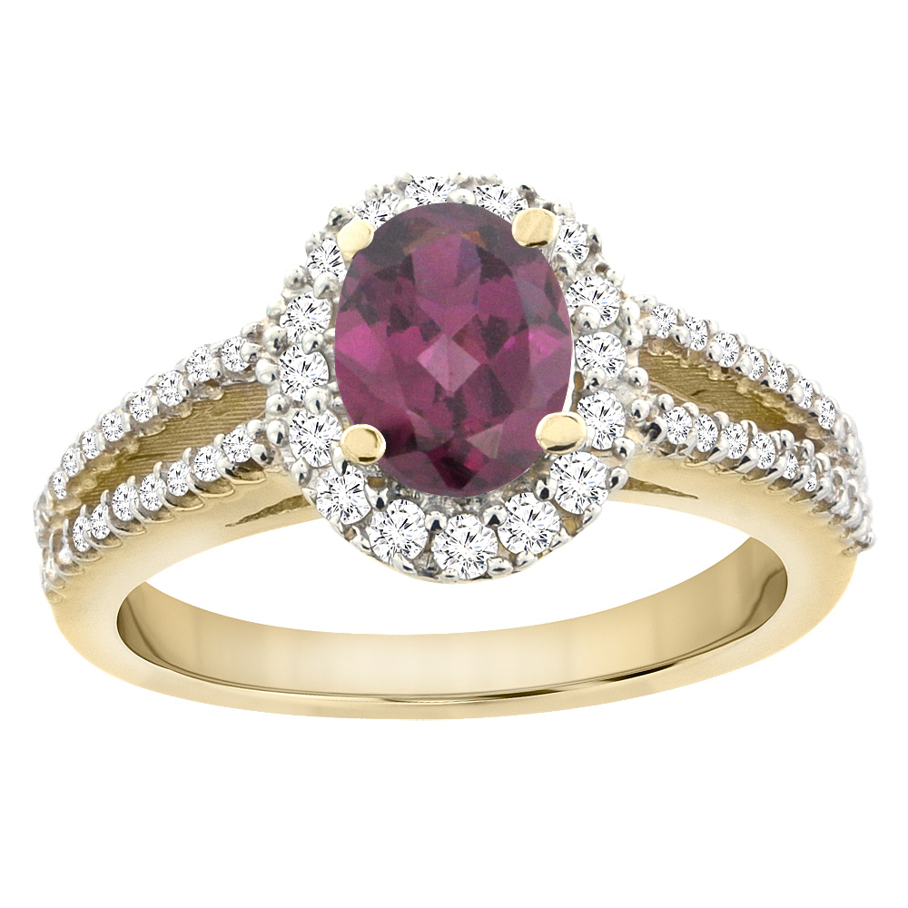 14K Yellow Gold Natural Rhodolite Split Shank Halo Engagement Ring Oval 7x5 mm, sizes 5 - 10