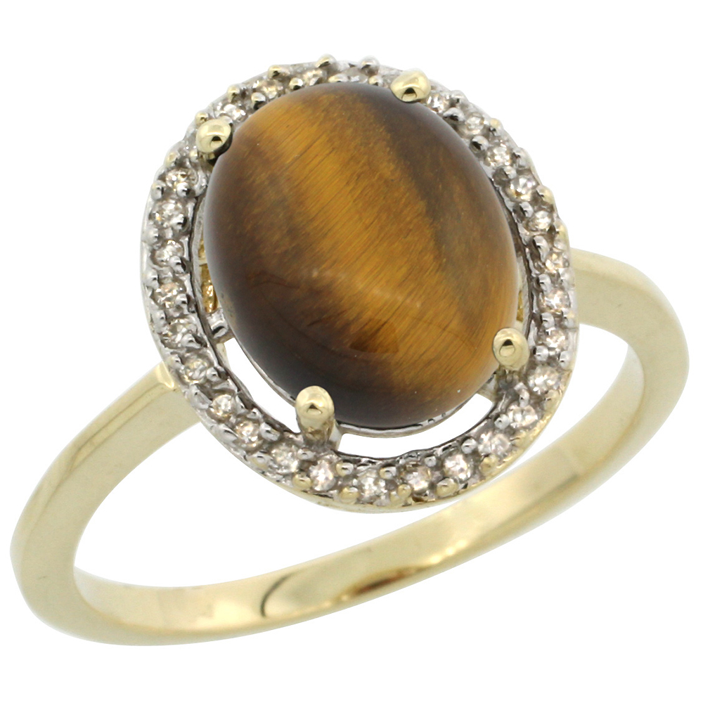 10K Yellow Gold Diamond Halo Natural Tiger Eye Engagement Ring Oval 10x8 mm, sizes 5 10