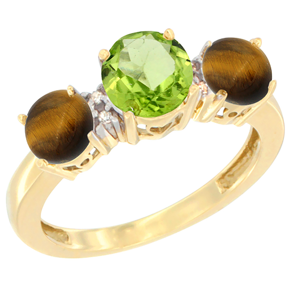 14K Yellow Gold Round 3-Stone Natural Peridot Ring &amp; Tiger Eye Sides Diamond Accent, sizes 5 - 10