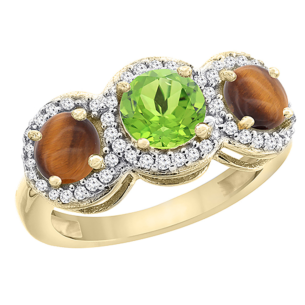 14K Yellow Gold Natural Peridot &amp; Tiger Eye Sides Round 3-stone Ring Diamond Accents, sizes 5 - 10