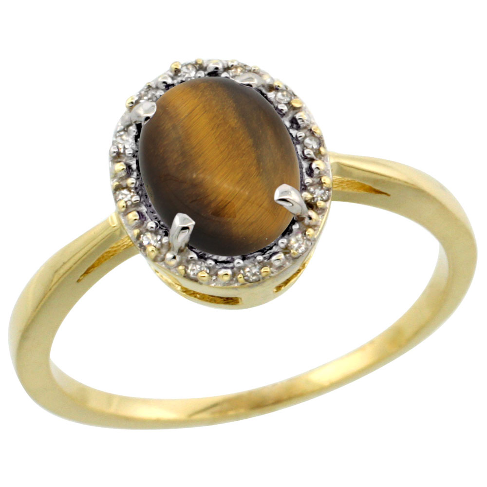 14K Yellow Gold Natural Tiger Eye Ring Oval 8x6 mm Diamond Halo, sizes 5-10