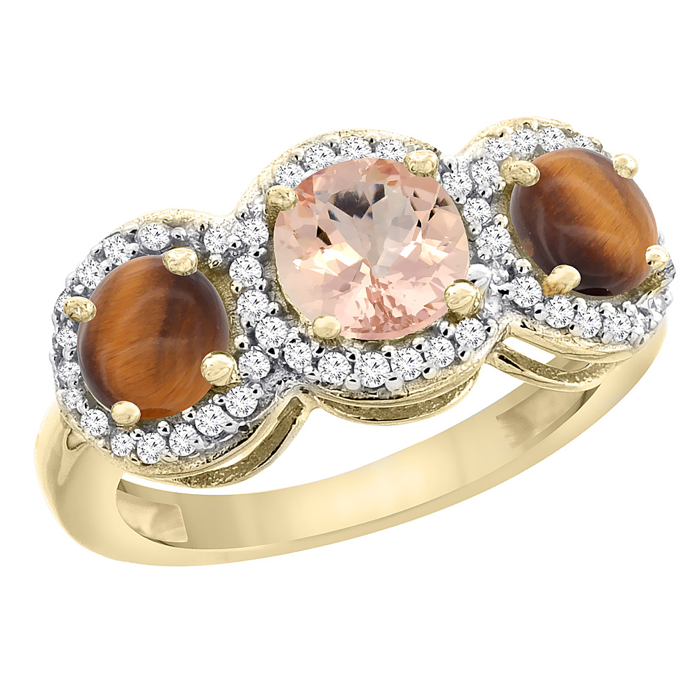 14K Yellow Gold Natural Morganite &amp; Tiger Eye Sides Round 3-stone Ring Diamond Accents, sizes 5 - 10