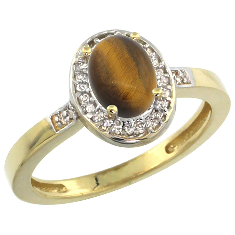 10K Yellow Gold Diamond Natural Tiger Eye Engagement Ring Oval 7x5mm, sizes 5-10
