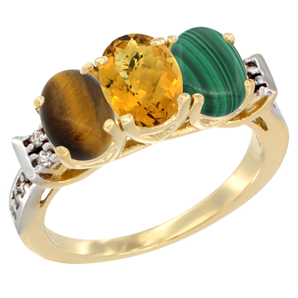 14K Yellow Gold Natural Tiger Eye, Whisky Quartz &amp; Malachite Ring 3-Stone Oval 7x5 mm Diamond Accent, sizes 5 - 10