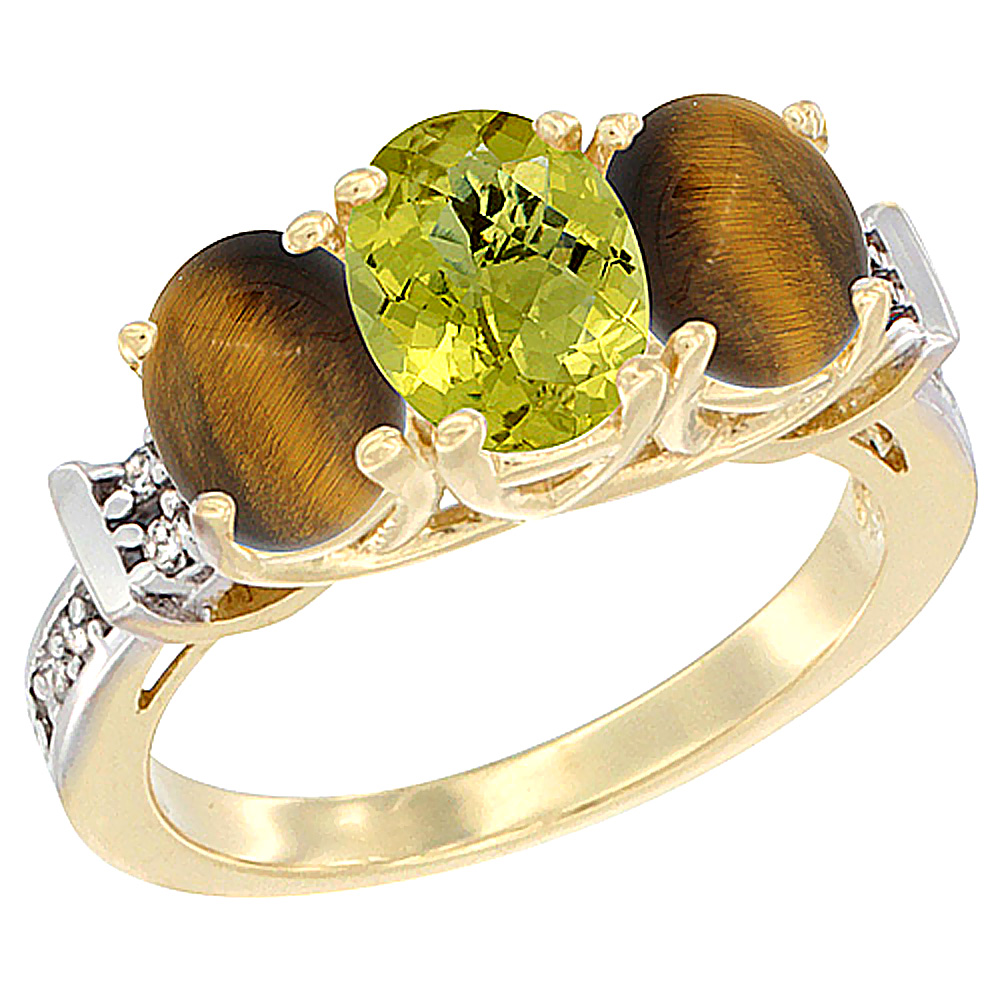 14K Yellow Gold Natural Lemon Quartz & Tiger Eye Sides Ring 3-Stone Oval Diamond Accent, sizes 5 - 10