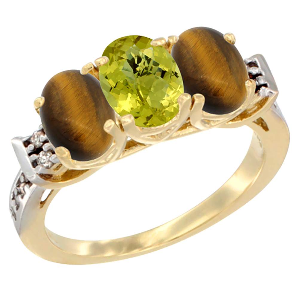 14K Yellow Gold Natural Lemon Quartz &amp; Tiger Eye Sides Ring 3-Stone Oval 7x5 mm Diamond Accent, sizes 5 - 10