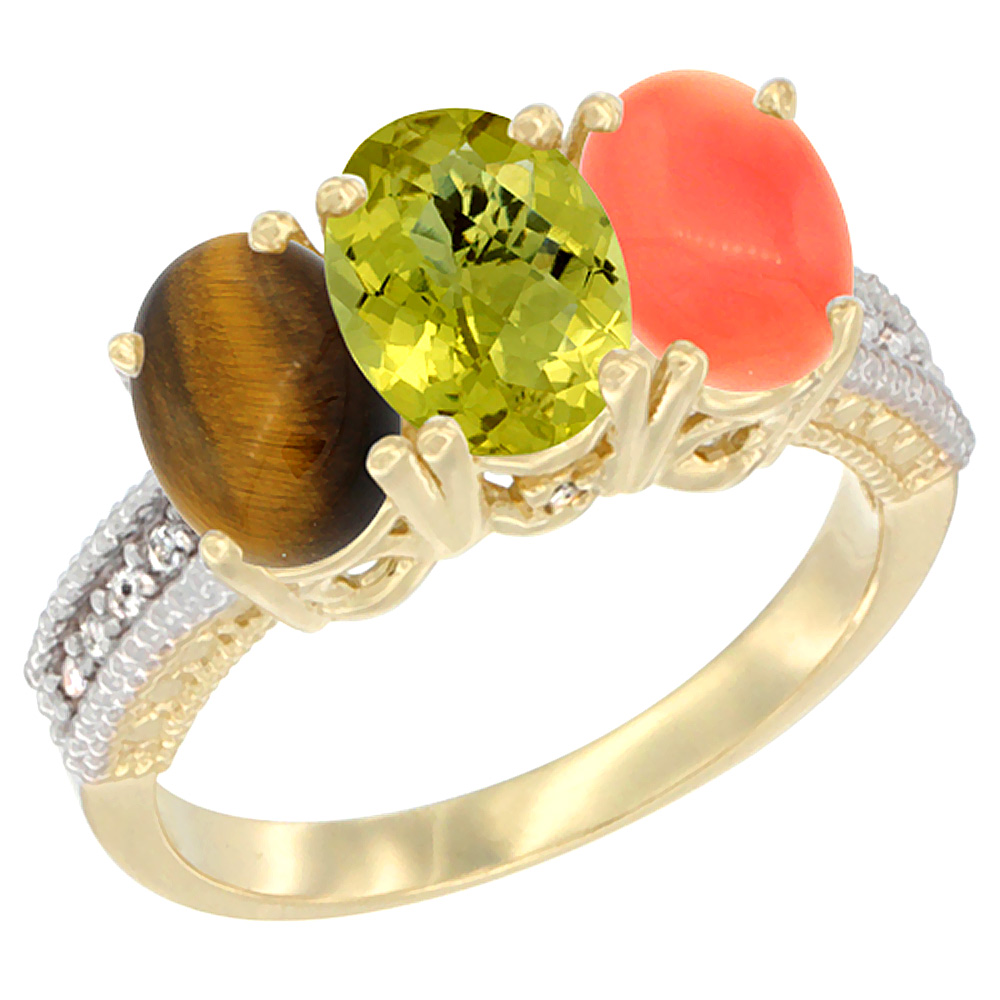 14K Yellow Gold Natural Tiger Eye, Lemon Quartz &amp; Coral Ring 3-Stone 7x5 mm Oval Diamond Accent, sizes 5 - 10