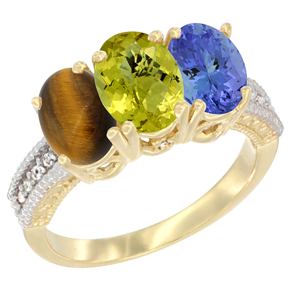 14K Yellow Gold Natural Tiger Eye, Lemon Quartz & Tanzanite Ring 3-Stone 7x5 mm Oval Diamond Accent, sizes 5 - 10