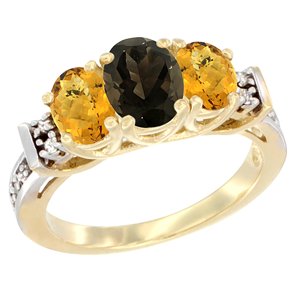 14K Yellow Gold Natural Smoky Topaz &amp; Whisky Quartz Ring 3-Stone Oval Diamond Accent