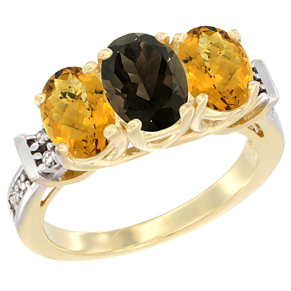 14K Yellow Gold Natural Smoky Topaz &amp; Whisky Quartz Sides Ring 3-Stone Oval Diamond Accent, sizes 5 - 10