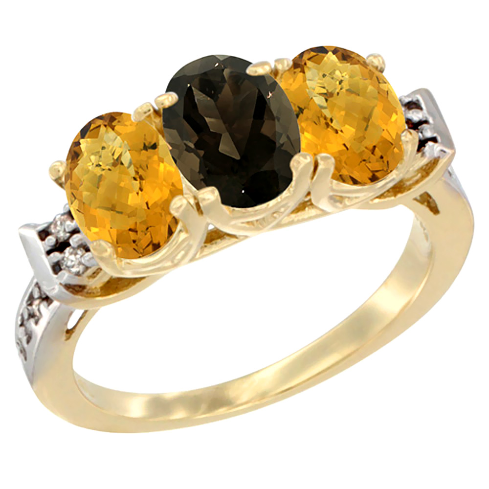 14K Yellow Gold Natural Smoky Topaz &amp; Whisky Quartz Ring 3-Stone 7x5 mm Oval Diamond Accent, sizes 5 - 10