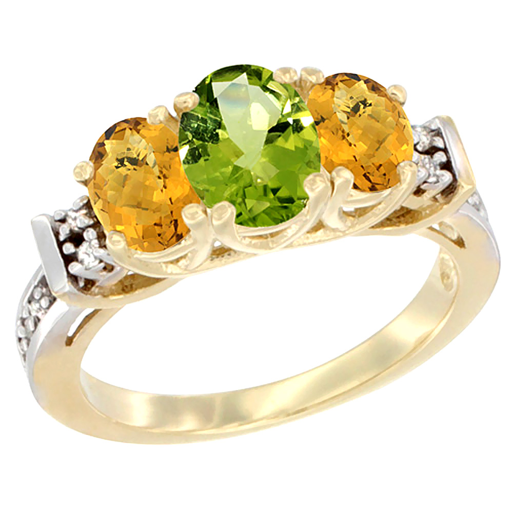 14K Yellow Gold Natural Peridot & Whisky Quartz Ring 3-Stone Oval Diamond Accent