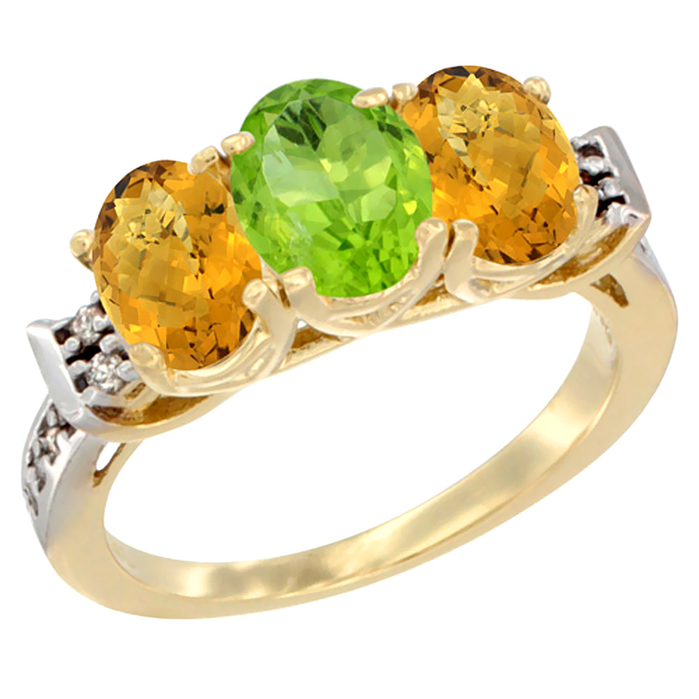 14K Yellow Gold Natural Peridot & Whisky Quartz Ring 3-Stone 7x5 mm Oval Diamond Accent, sizes 5 - 10