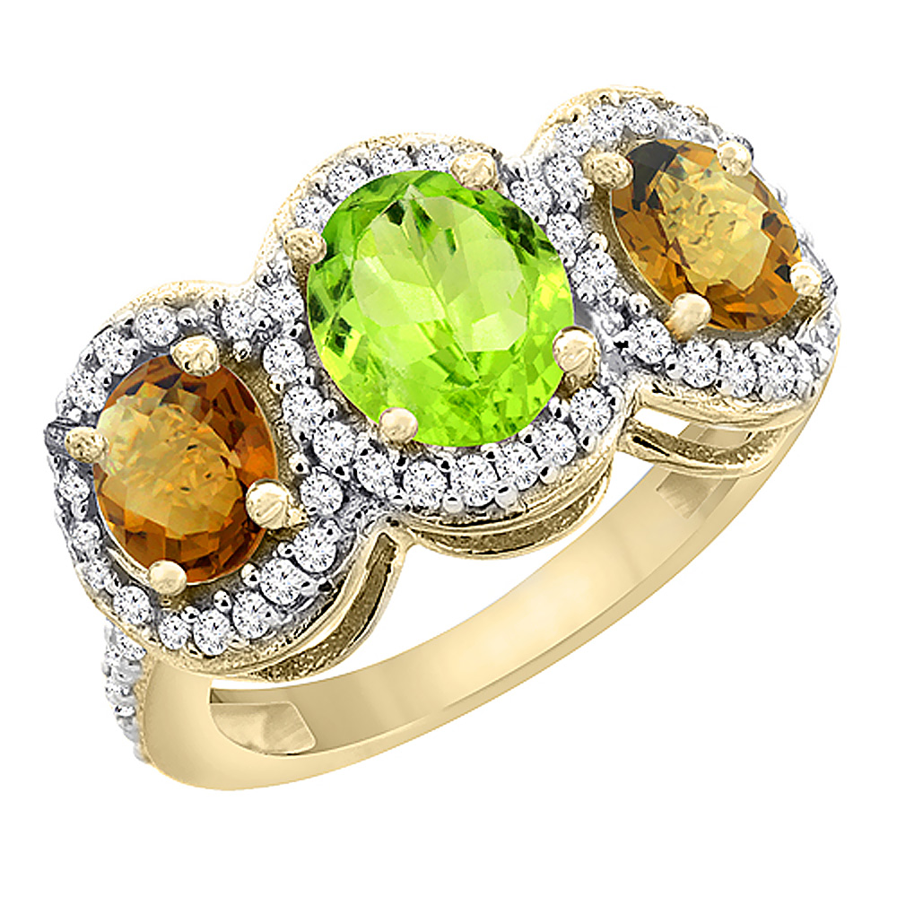 14K Yellow Gold Natural Peridot & Whisky Quartz 3-Stone Ring Oval Diamond Accent, sizes 5 - 10