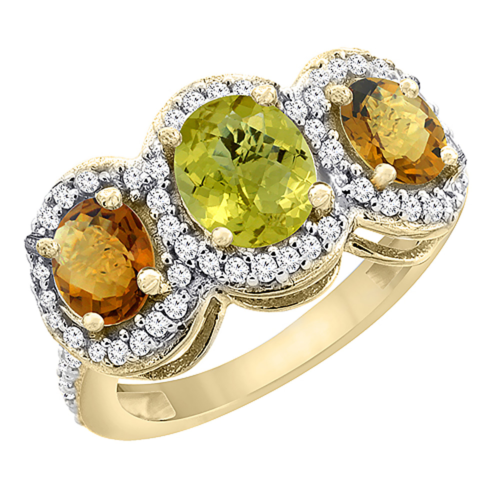 14K Yellow Gold Natural Lemon Quartz &amp; Whisky Quartz 3-Stone Ring Oval Diamond Accent, sizes 5 - 10