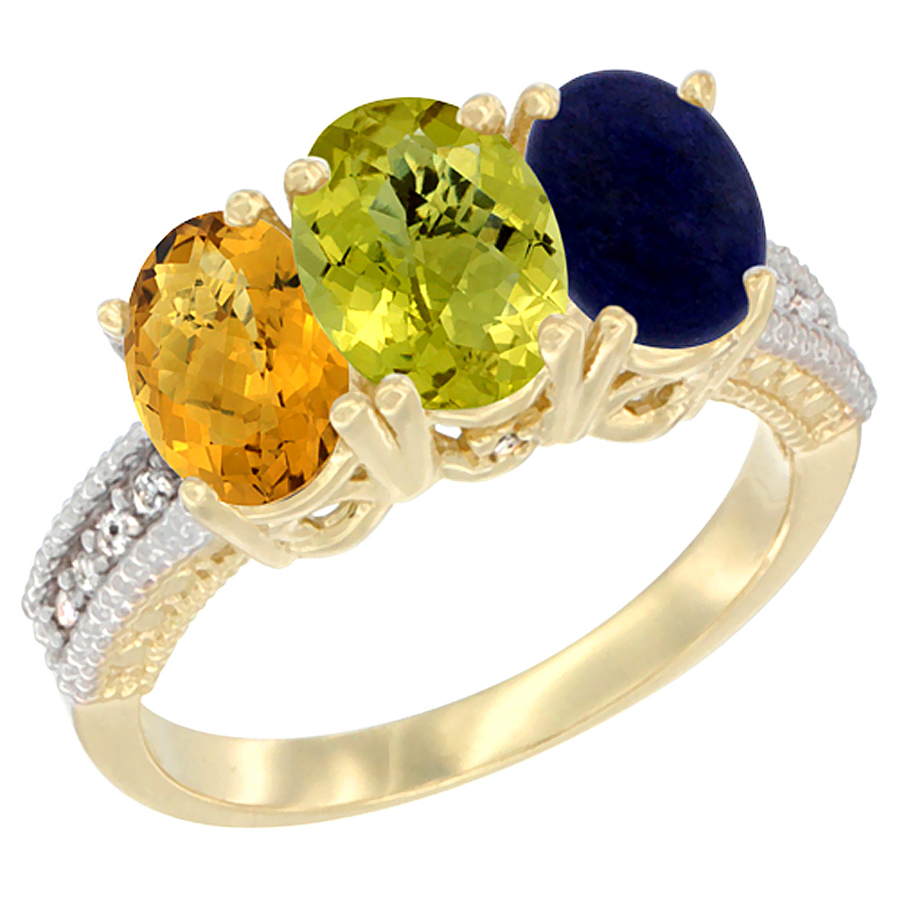 14K Yellow Gold Natural Whisky Quartz, Lemon Quartz Ring with Lapis Ring 3-Stone 7x5 mm Oval Diamond Accent, sizes 5 - 10