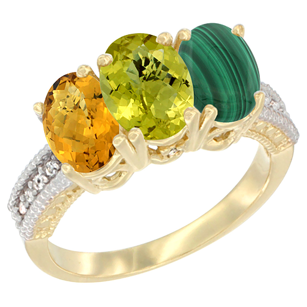 14K Yellow Gold Natural Whisky Quartz, Lemon Quartz Ring with Malachite Ring 3-Stone 7x5 mm Oval Diamond Accent, sizes 5 - 10