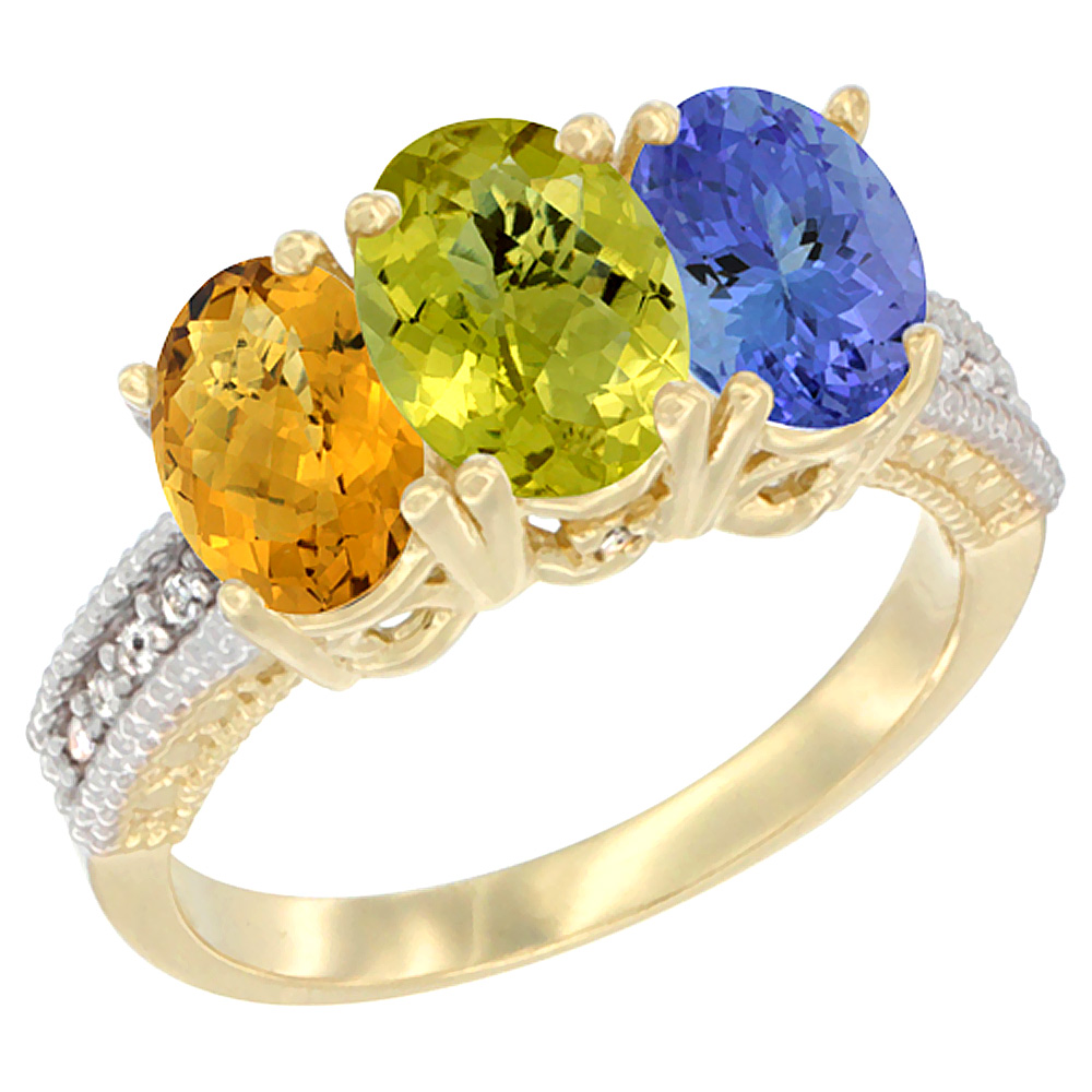 14K Yellow Gold Natural Whisky Quartz, Lemon Quartz Ring with Tanzanite Ring 3-Stone 7x5 mm Oval Diamond Accent, sizes 5 - 10